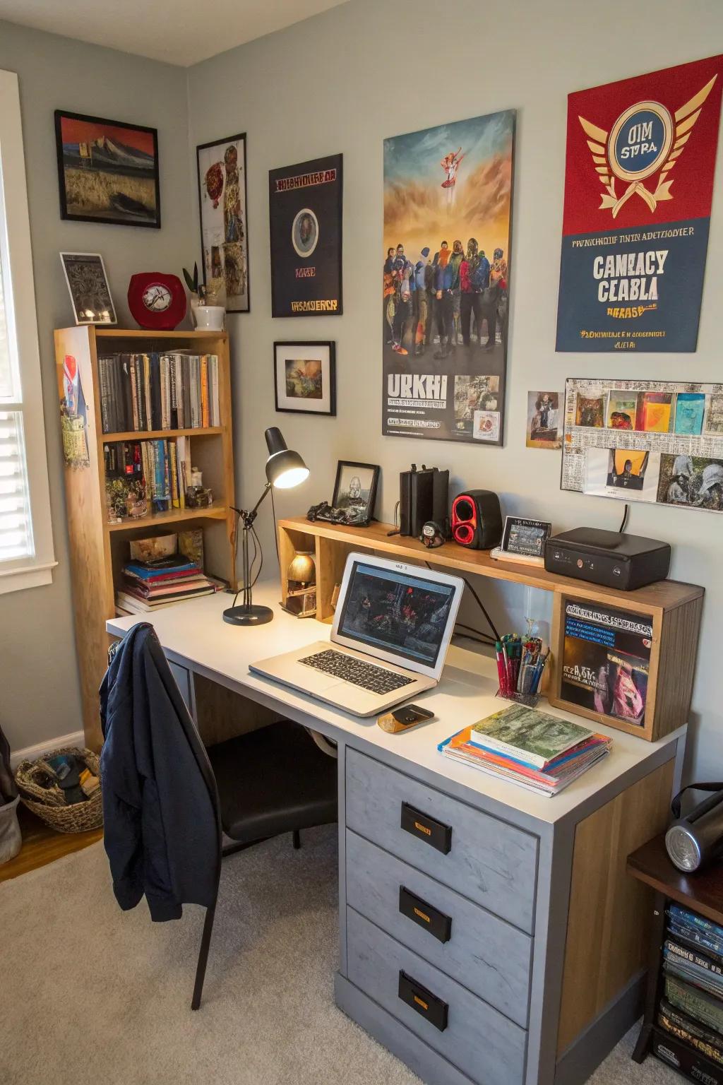 A tech-savvy workstation with integrated charging in a teen boy's room.