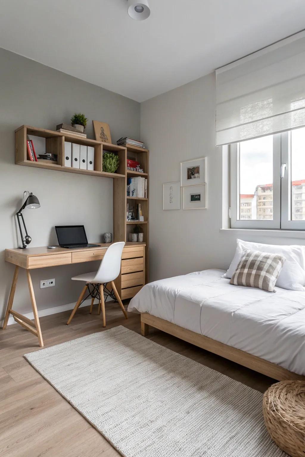 A minimalist teen boy's room featuring clean lines and a tranquil atmosphere.