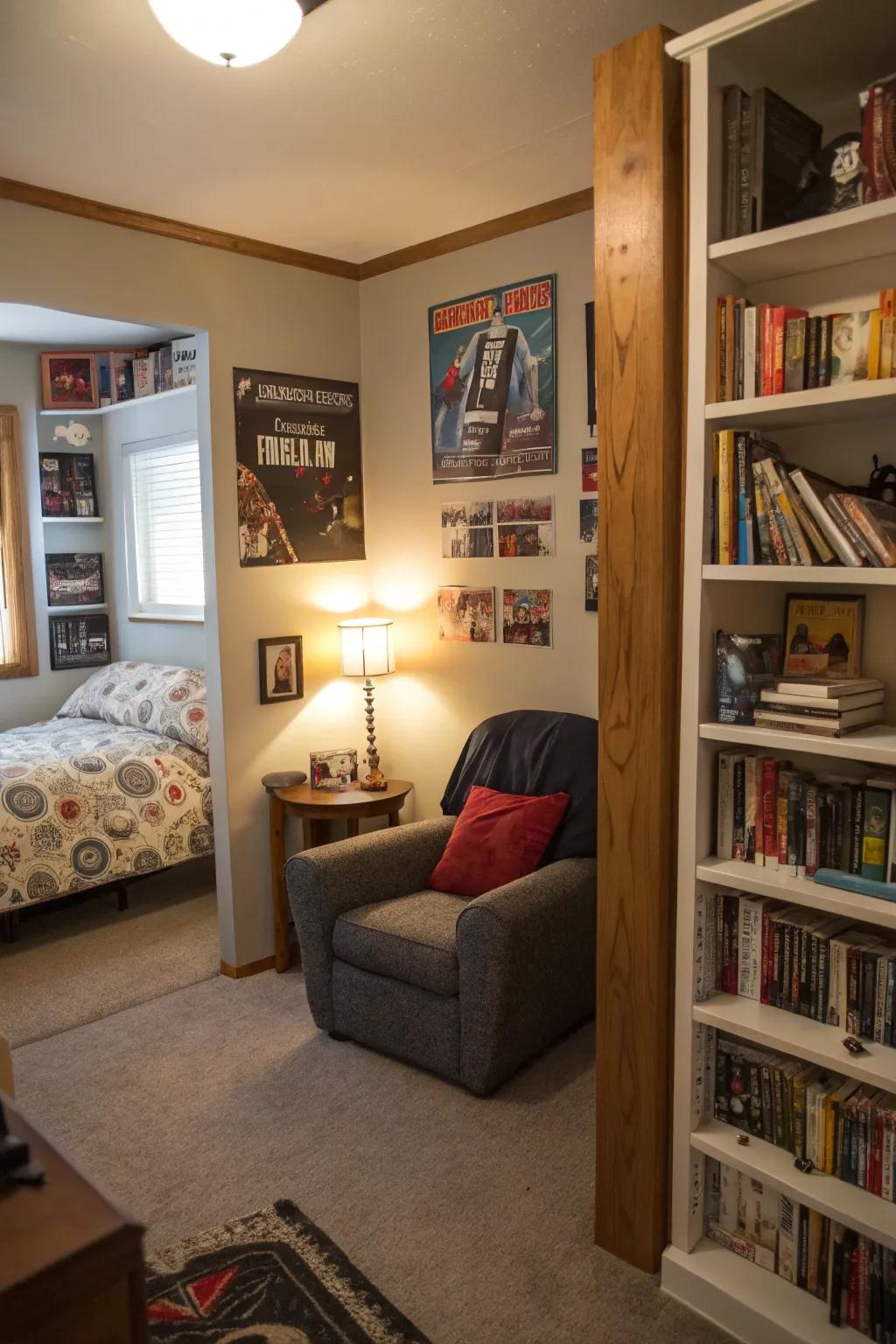 A snug reading corner with a comfy chair and bookshelf in a teen boy's room.