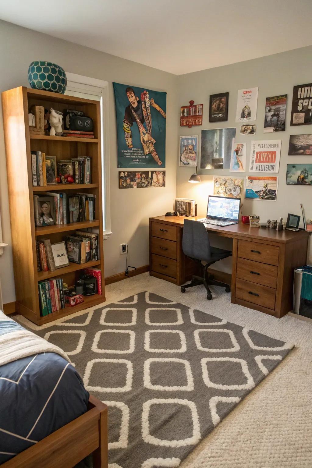 A textured rug adds comfort and style to this teen boy's bedroom.