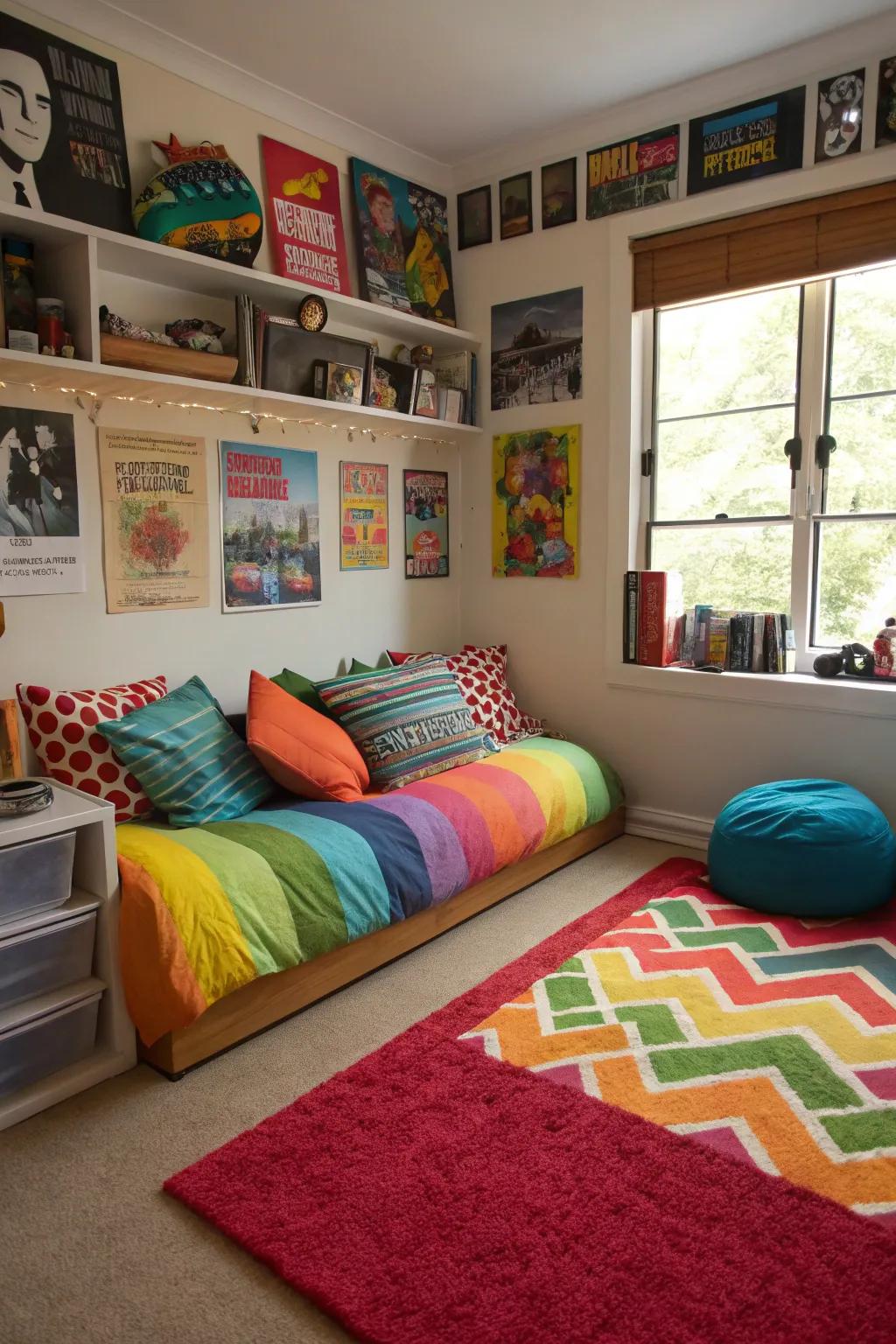 Bright cushions and a colorful rug enliven this teen boy's bedroom.