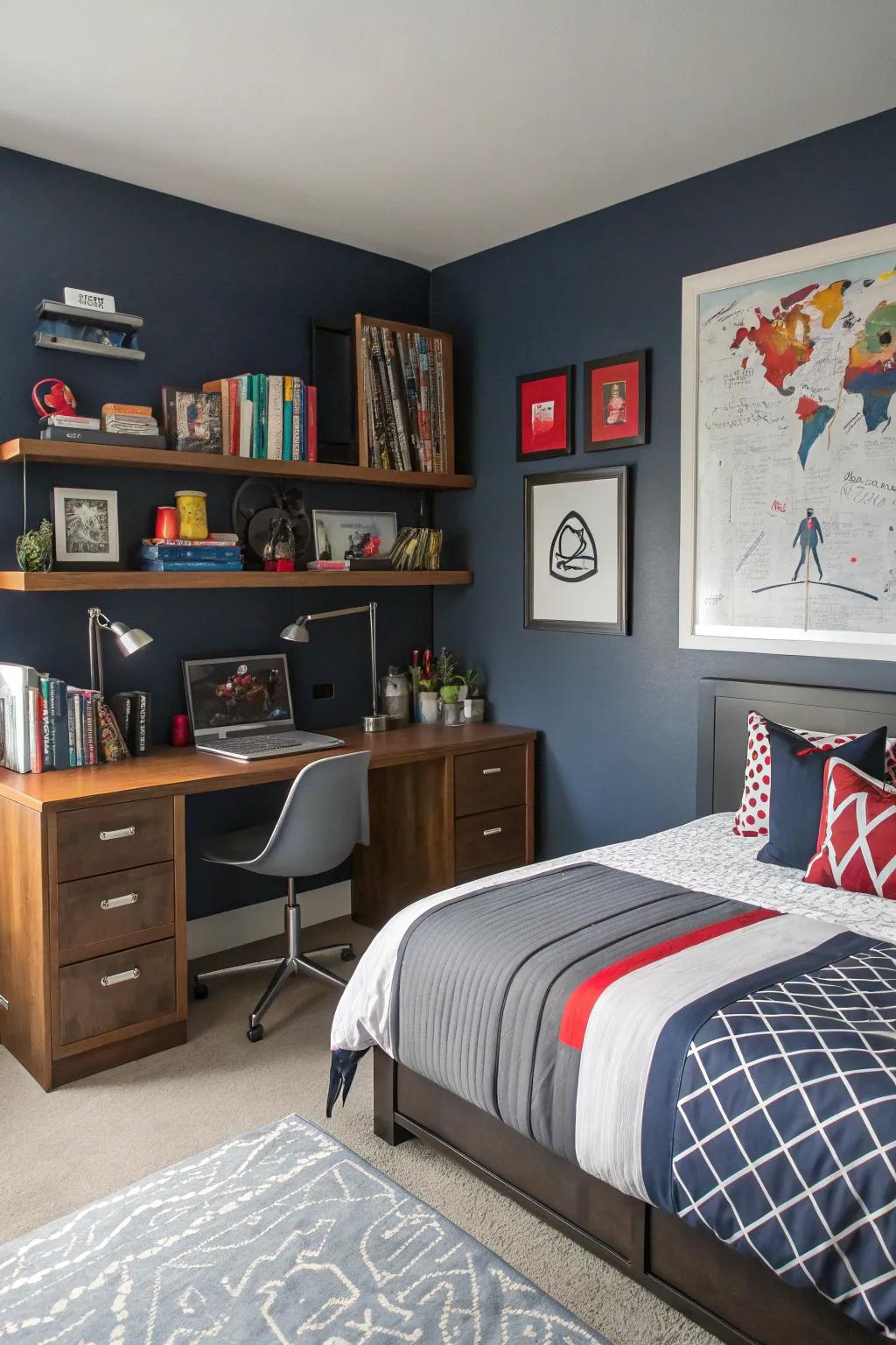 A teen boy's room with bold navy walls exuding style and personality.