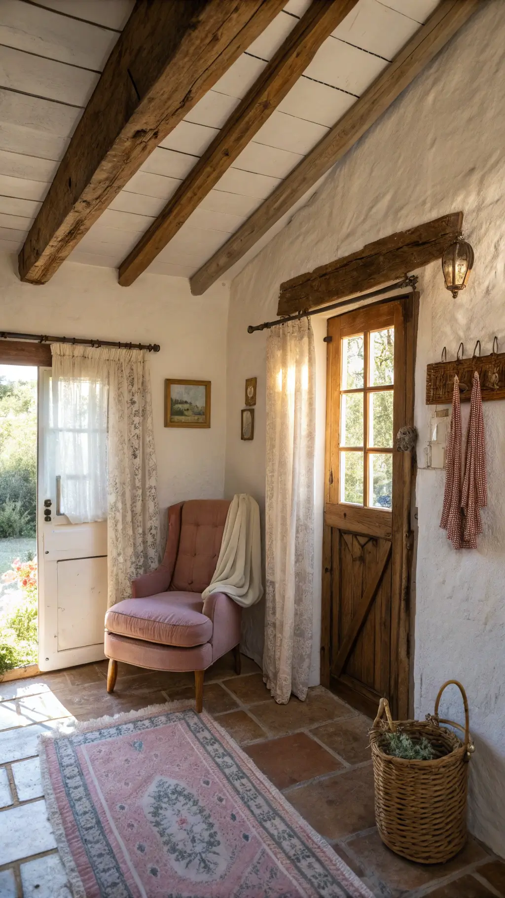 Romantic cottage entryway with exposed wooden beams, whitewashed walls, distressed French provincial chair, rustic console table, flowers, vintage decor in creamy whites, dusty rose, blues, and aged brass tones