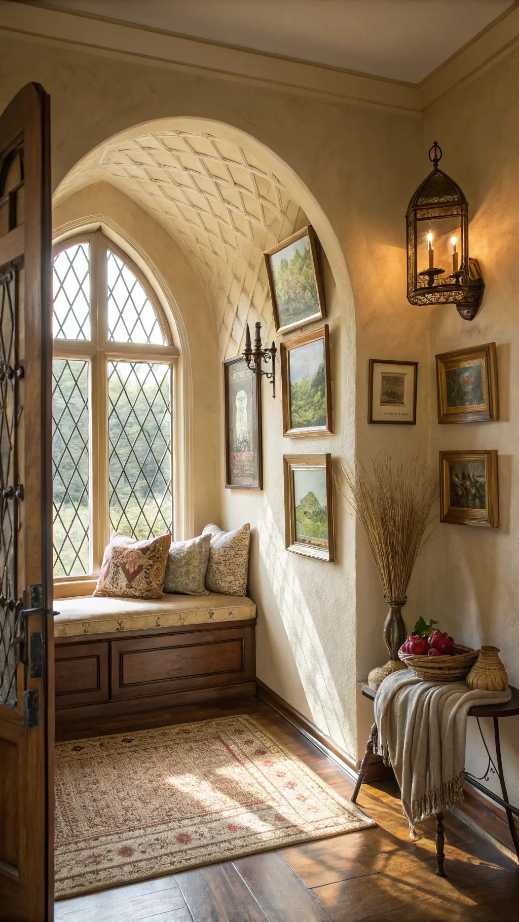 Cozy cottage entry nook with curved archway, diamond-paned window, rattan settee with linen cushions, salon wall of vintage paintings, antique umbrella stand, pampas grass, and sisal mat on pine flooring