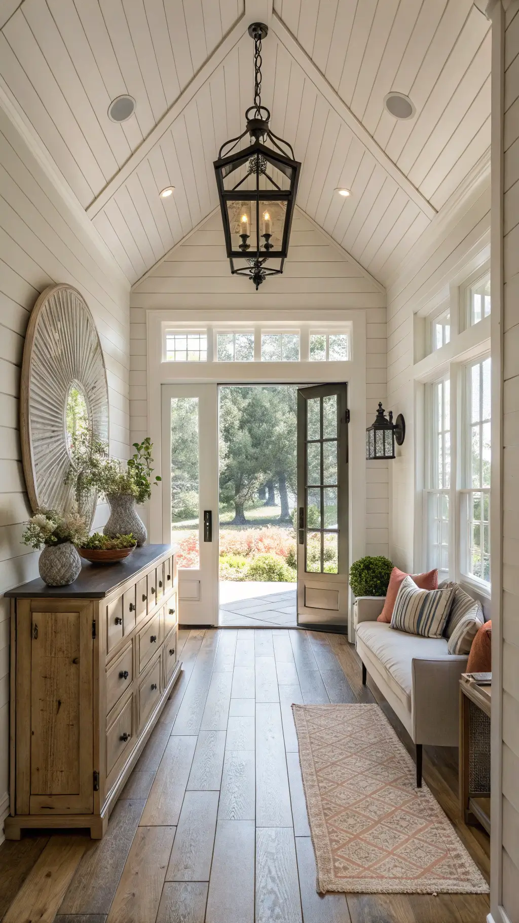 Spacious farmhouse entryway with shiplap ceiling, antique pine dresser, black iron lantern pendant, wide-plank oak floors, vintage Turkish runner, built-in window seat, and French doors letting in morning light