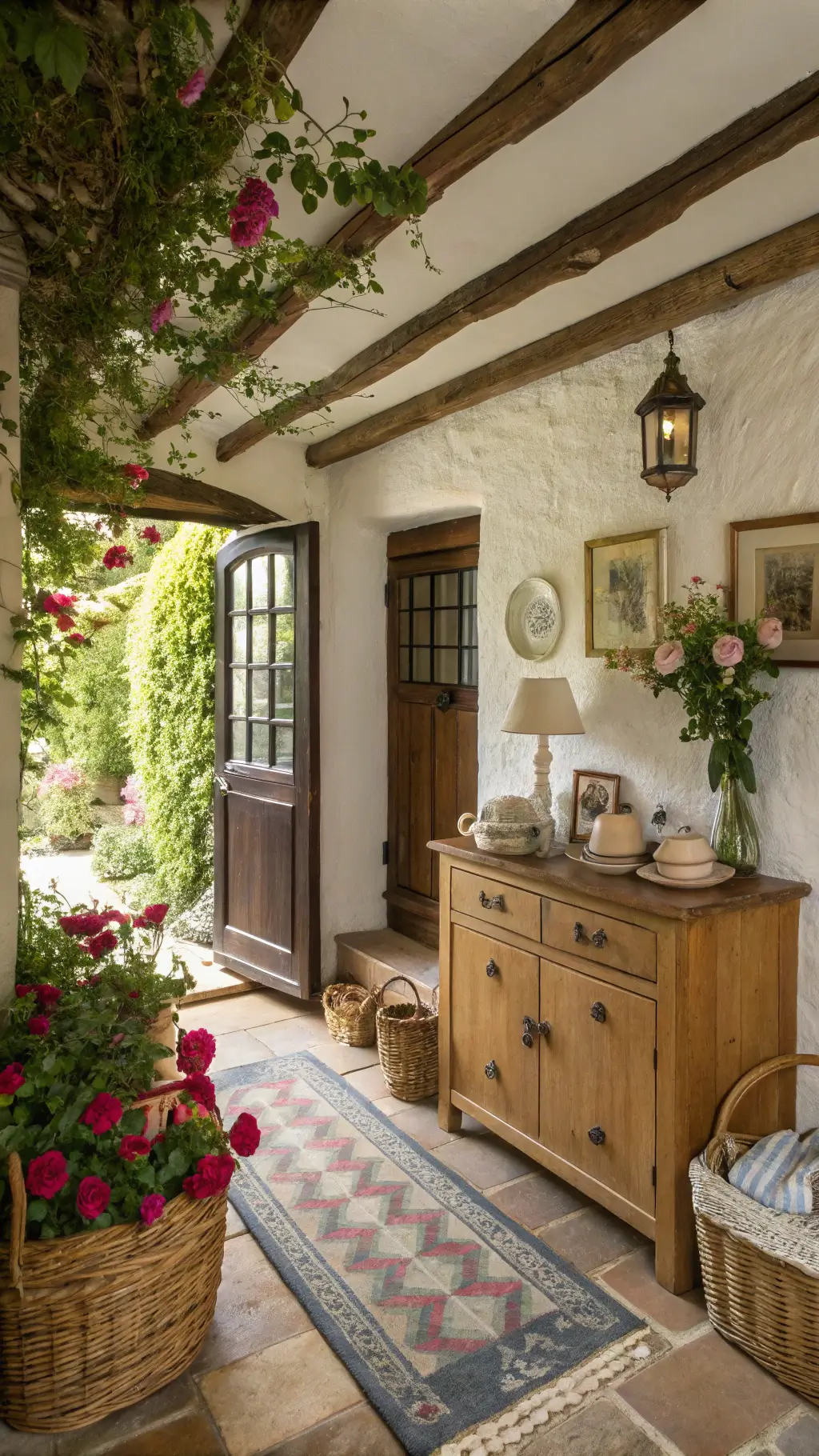 Vintage cottage entryway with original ceiling beams, lime-washed walls, antique furniture, ceramic and brass decorations, soft natural afternoon light