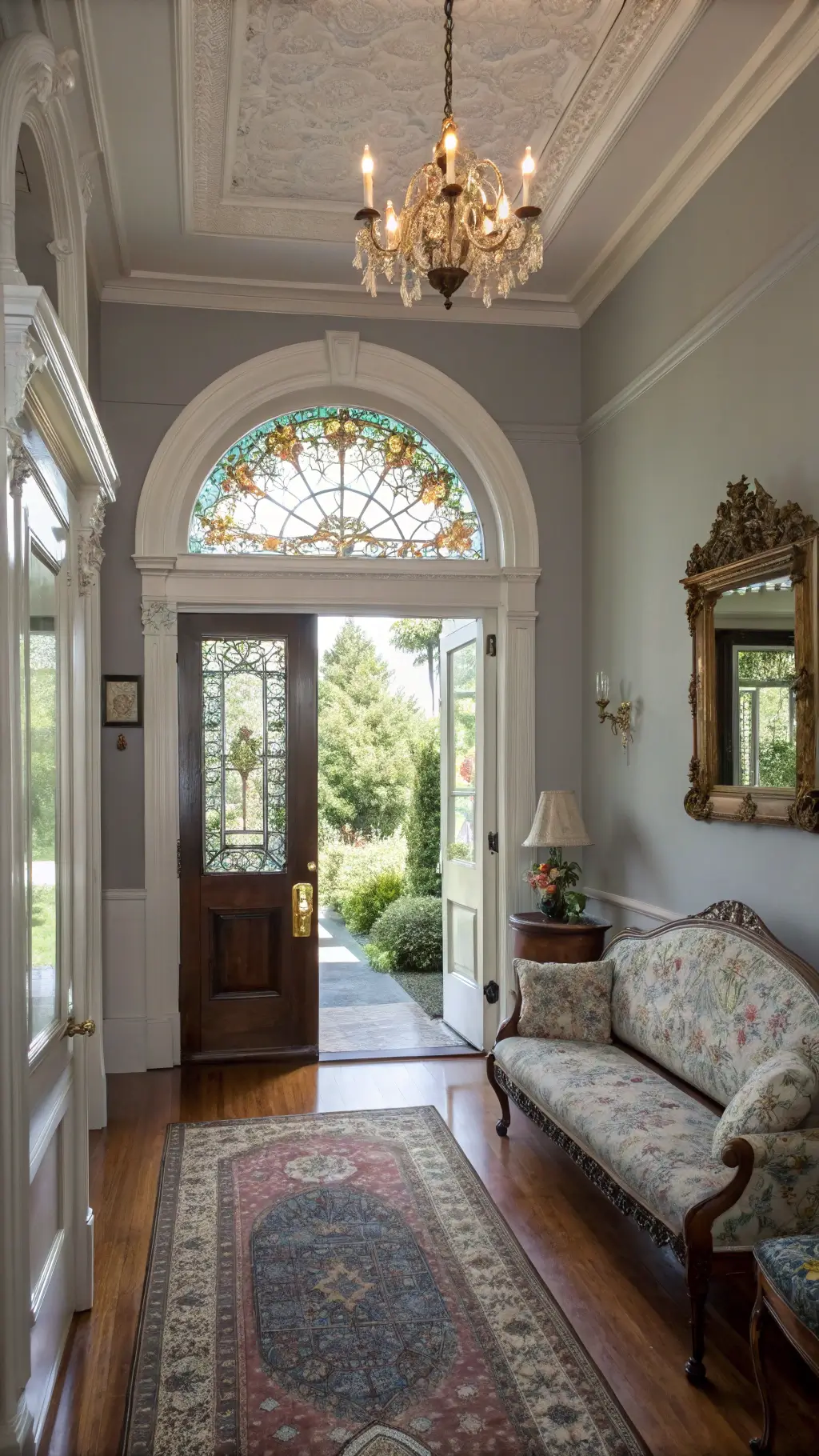 Victorian-inspired entry with high ceilings, stained glass transom, vintage furnishings, brass accents, Persian runner leading to grand staircase bathed in soft morning light