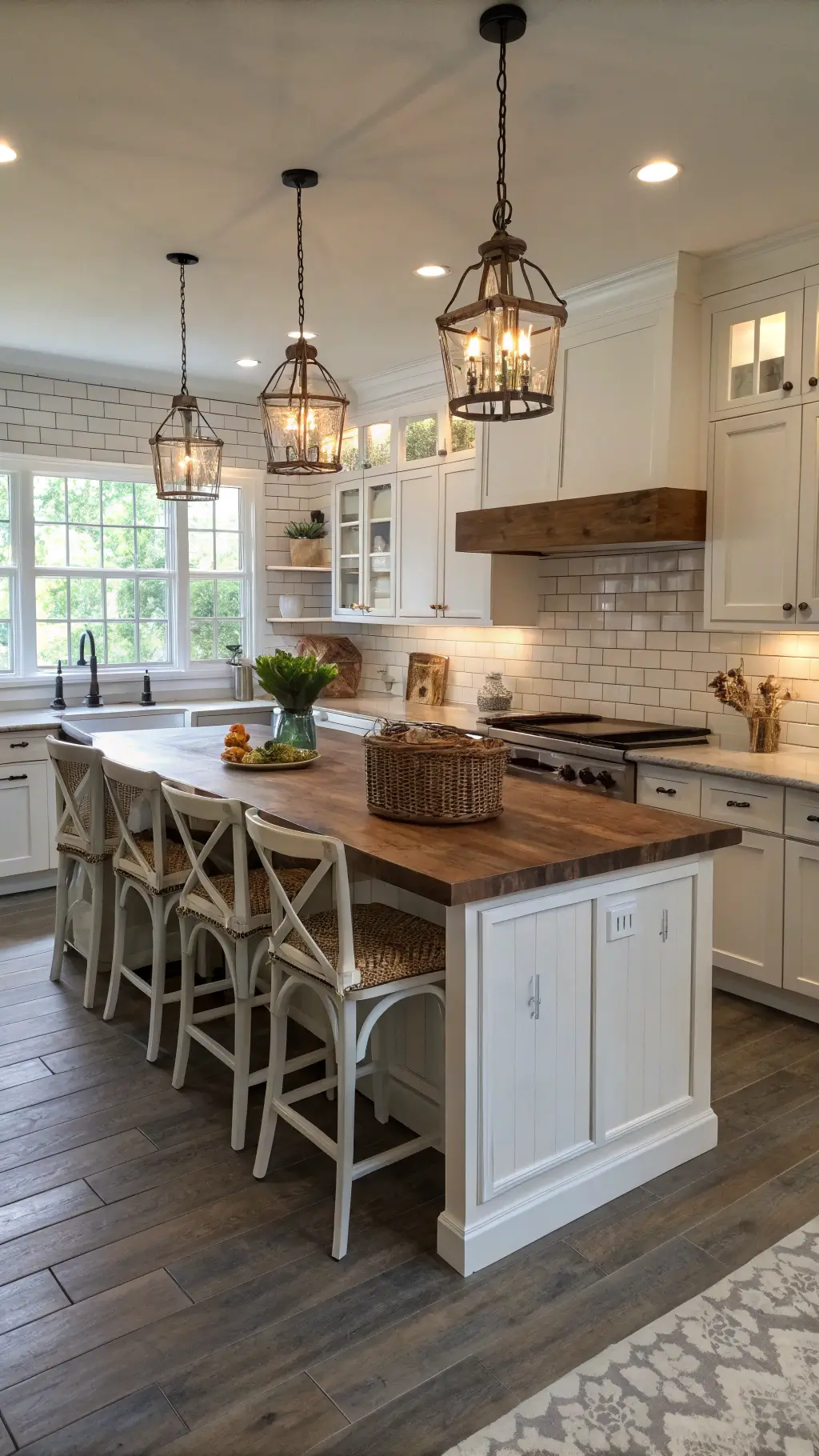 Modern farmhouse kitchen with L-shaped island, subway tile backsplash, antique bronze hardware, and mason jar pendant lights