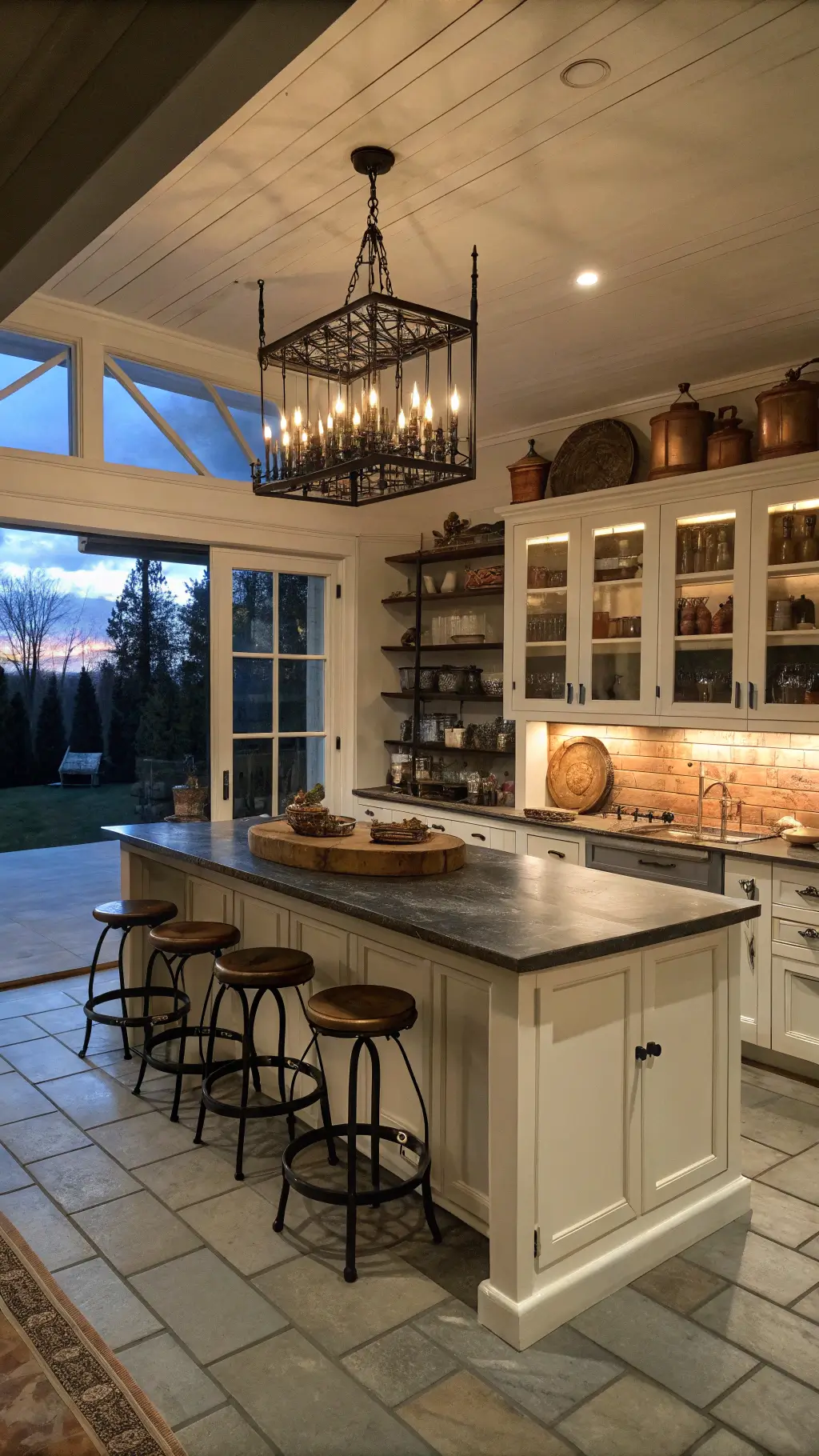 Chef's kitchen with soapstone island, white cabinetry, black stools, iron chandelier, and copper cookware