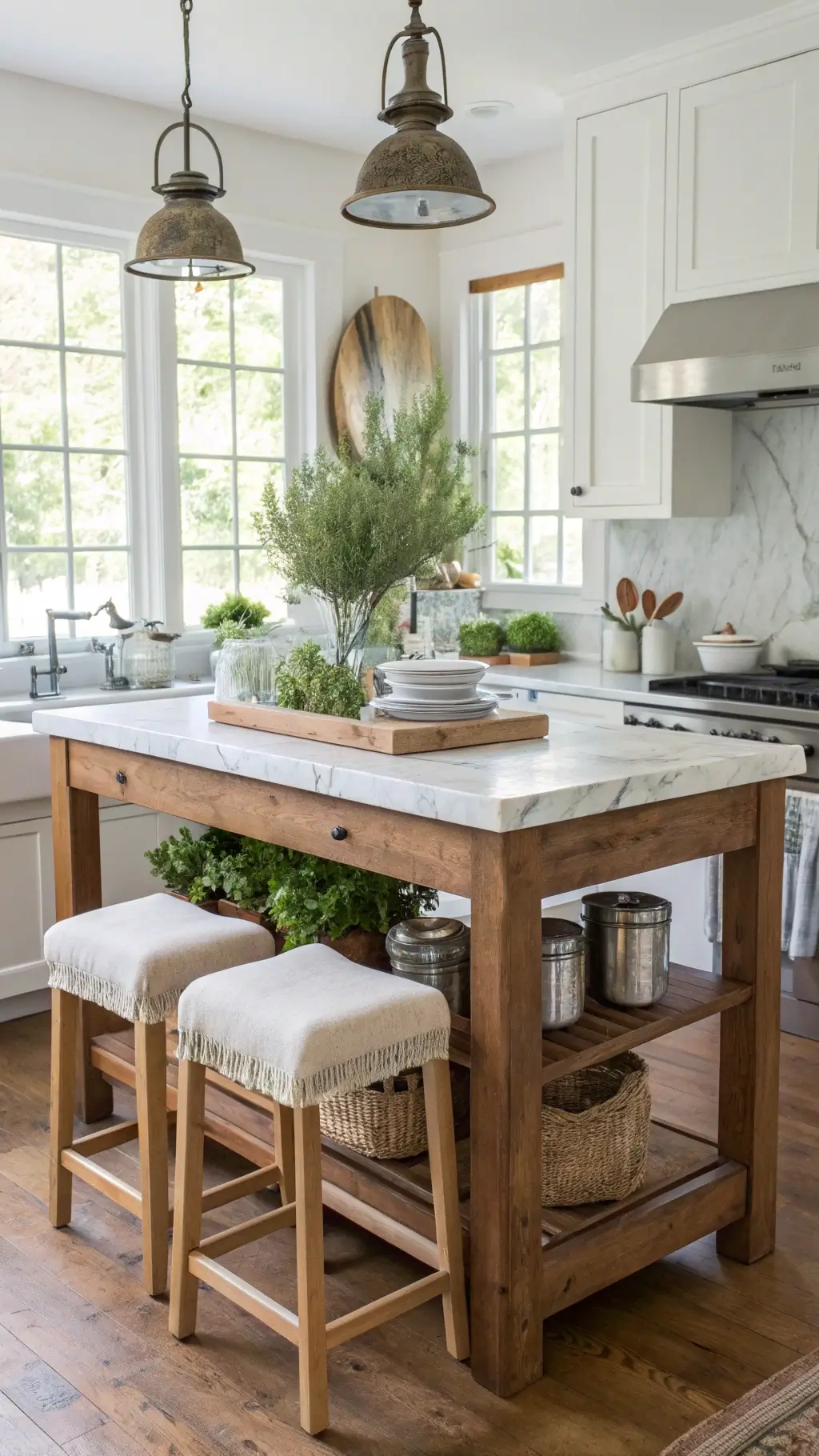 Bright country kitchen with marble-topped vintage workbench island, linen slipcovered stools, and galvanized metal utensil holders