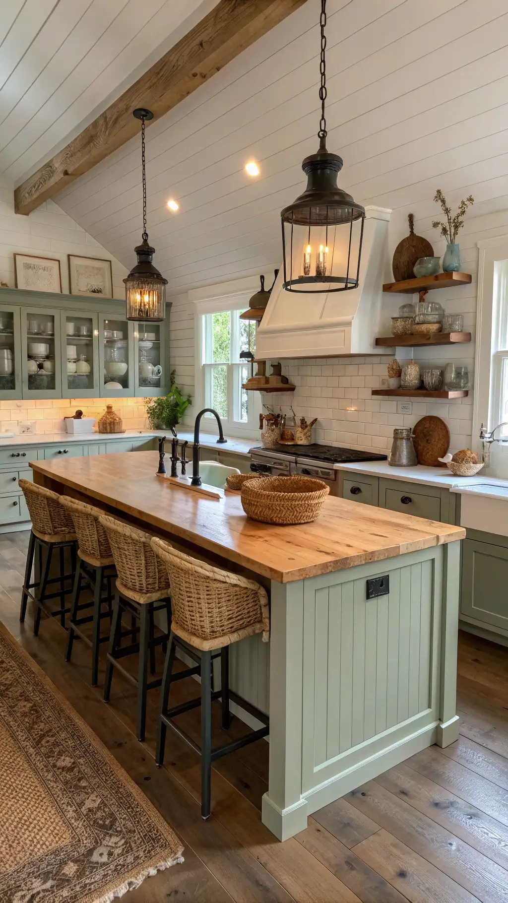 Rustic kitchen with sage green island, rattan bar stools, black pendant lights, white shiplap walls, ironstone and copper vessels