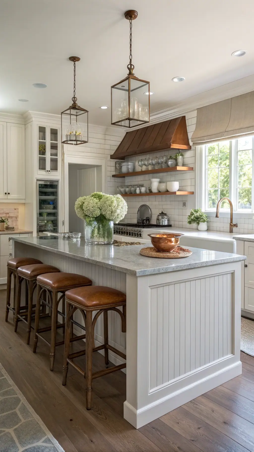 Farmhouse kitchen with white island topped with zinc, vintage stools, open shelving with stoneware, and fresh hydrangeas in copper vessel