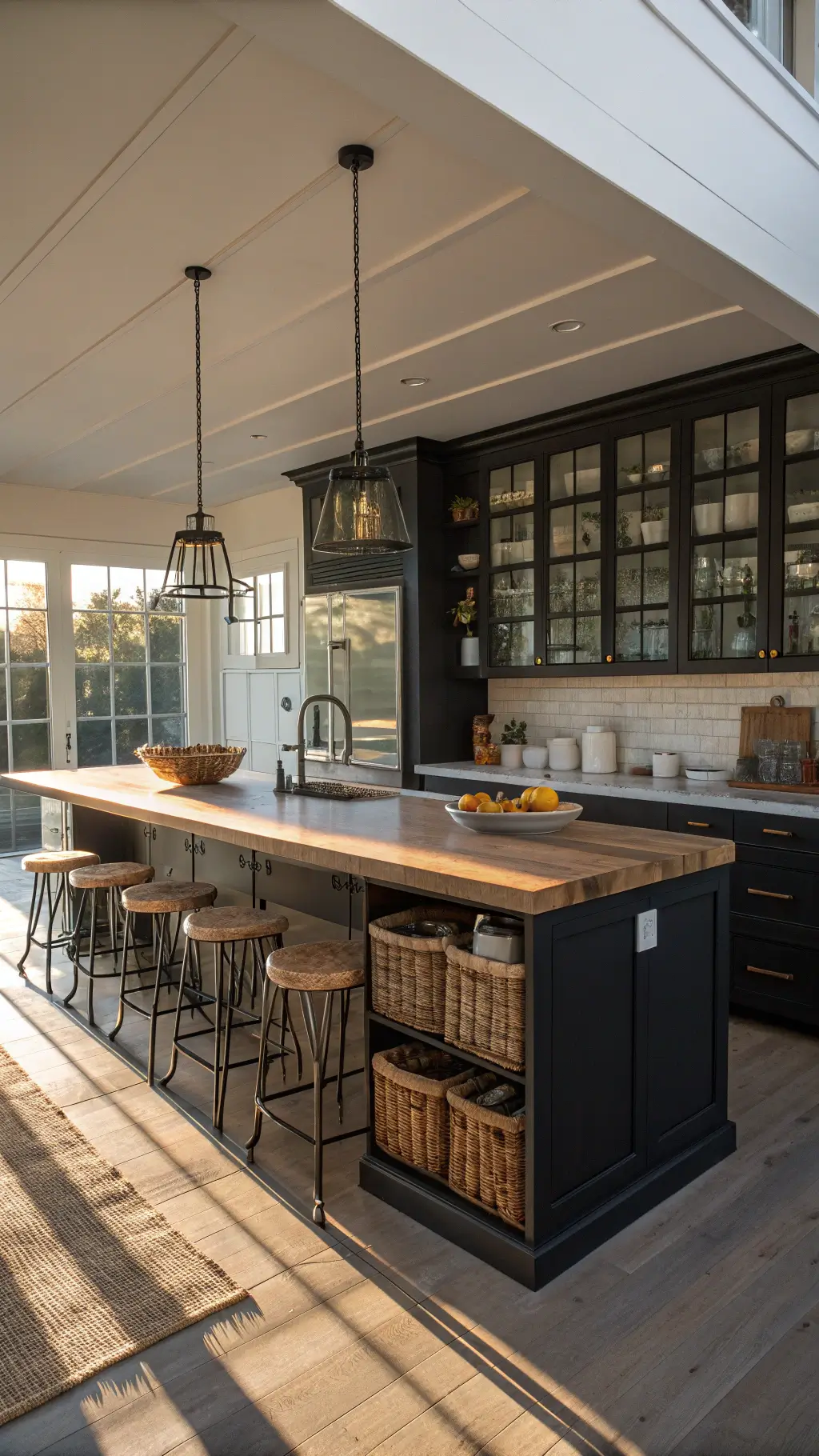 Modern farmhouse kitchen with large island, industrial metal stools, glass-front cabinets, and strong afternoon sunlight
