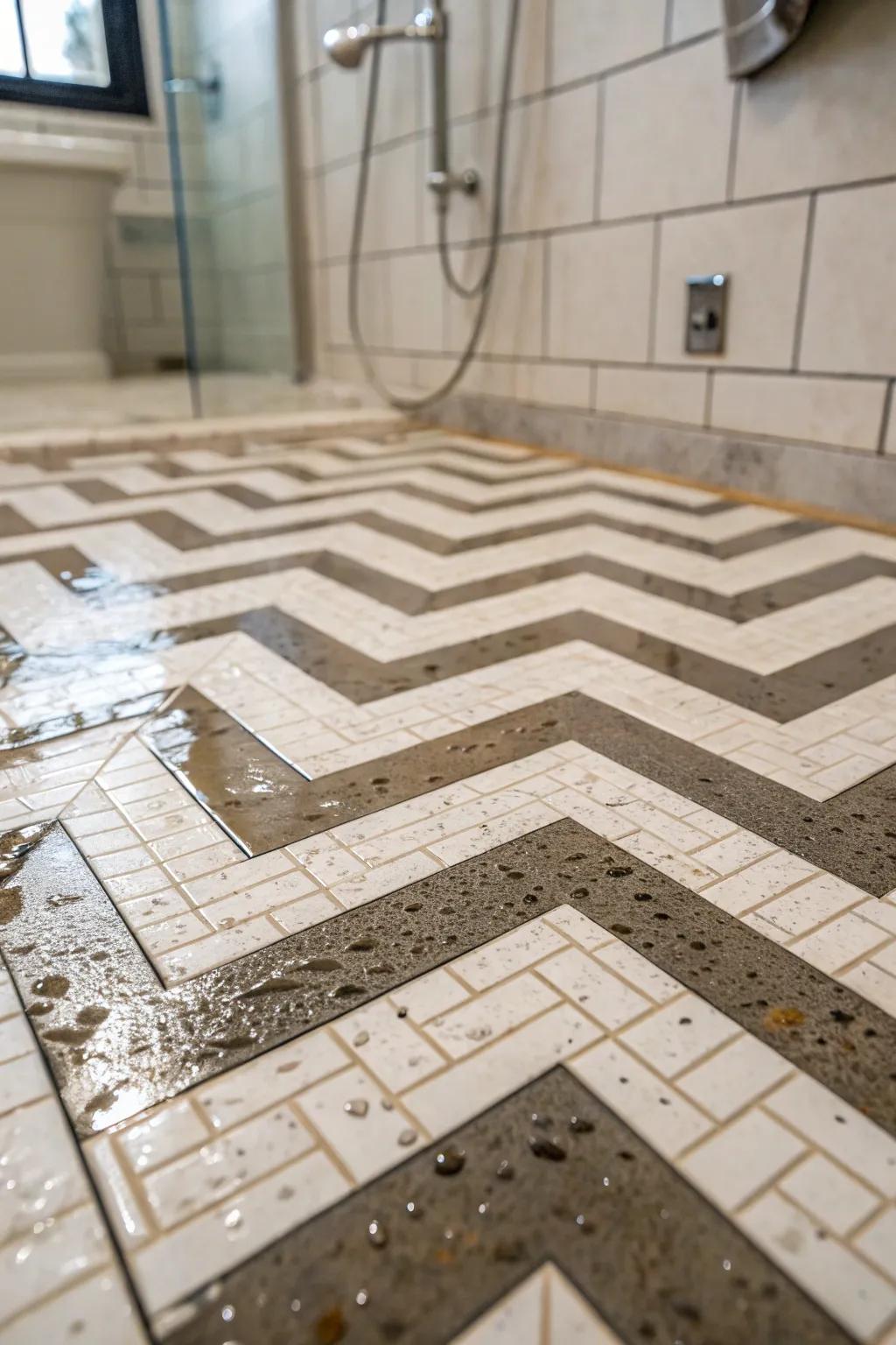 Chevron tile patterns add energy and style to your shower floor.