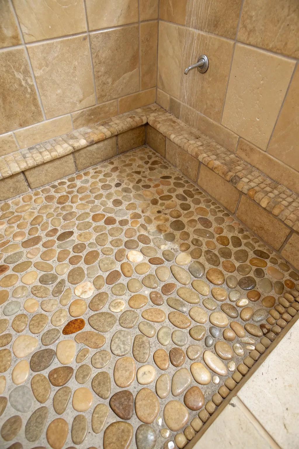 Pebble tiles create a spa-like, calming shower floor.