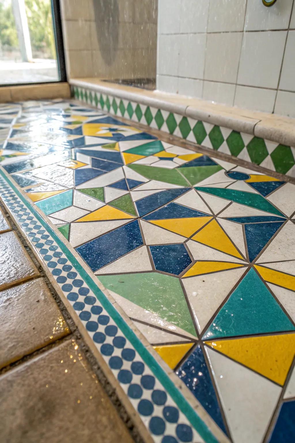 Geometric tile patterns create a captivating shower floor design.