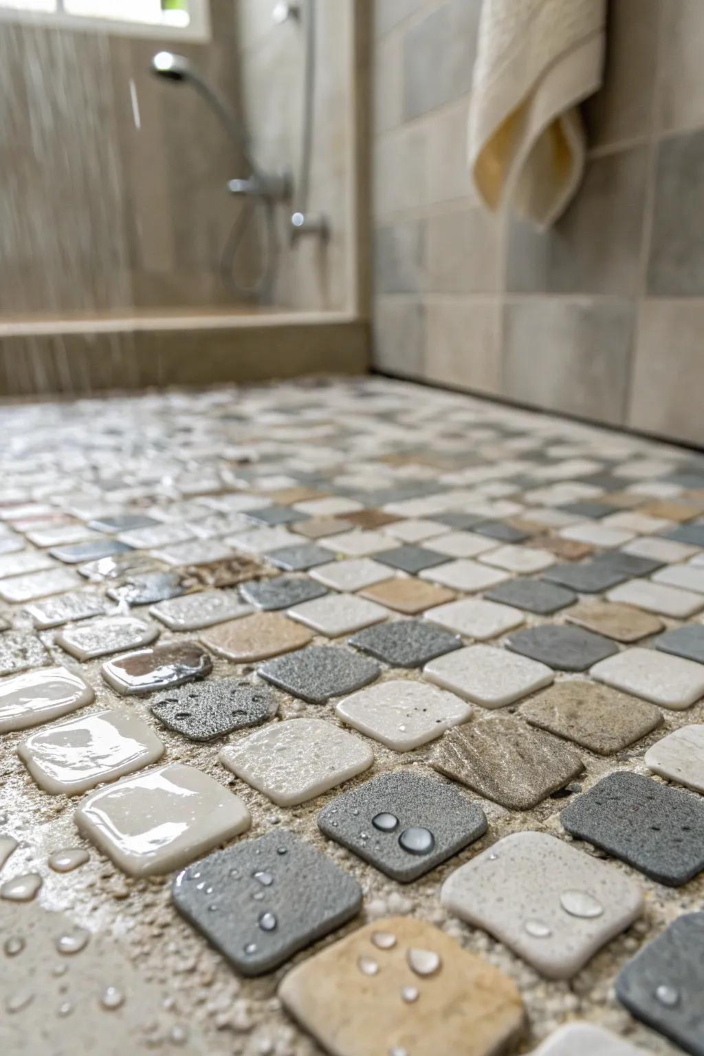 Combining different materials adds texture and richness to your shower floor.