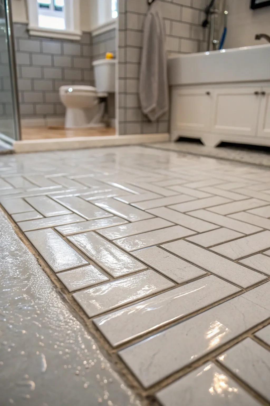 Herringbone tile patterns add classic elegance to your shower floor.