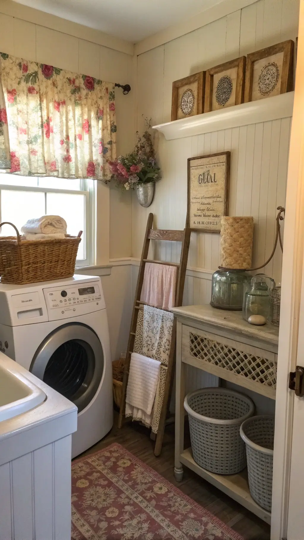 vintage-inspired laundry nook with cream beadboard walls, floral wallpaper in muted rose and sage, stacked washer, antique brass drying rack, wire basket storage, milk glass vases, dried lavender, lit by soft afternoon light