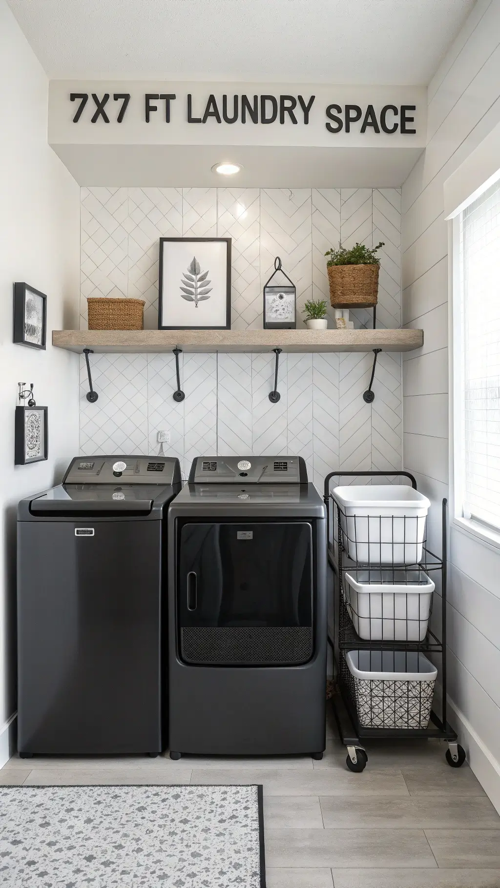 minimalist monochrome laundry space with black appliances, concrete shelves, geometric tile backsplash, and abstract art in morning light