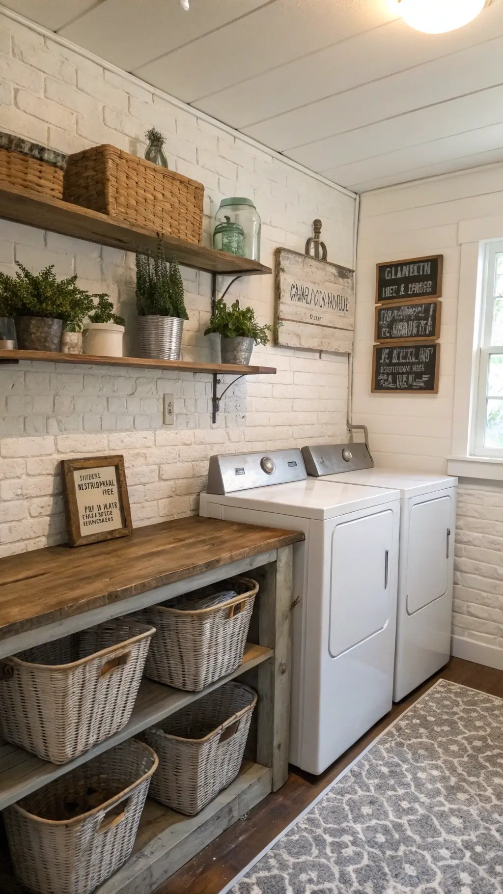 warm farmhouse-style laundry room with white brick wall, distressed open shelving, appliances, rustic wood counter, vintage decor, and woven hampers