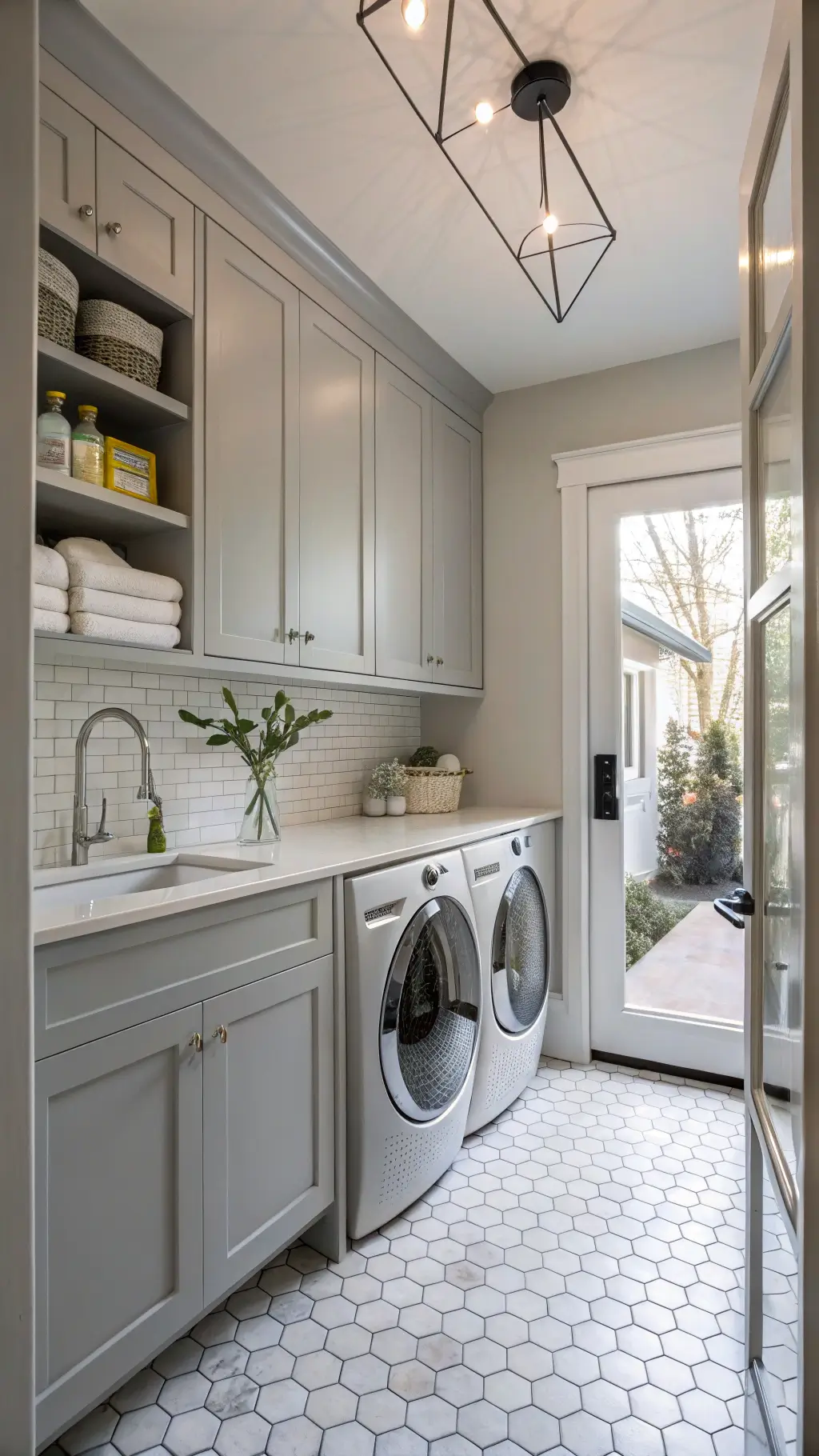 contemporary laundry room with pale gray cabinets, white and hexagon tile floor, stacked platinum appliances, quartz countertop, undermount sink, glass-front upper cabinets, chrome hardware, modern pendant light, eucalyptus in clear vase