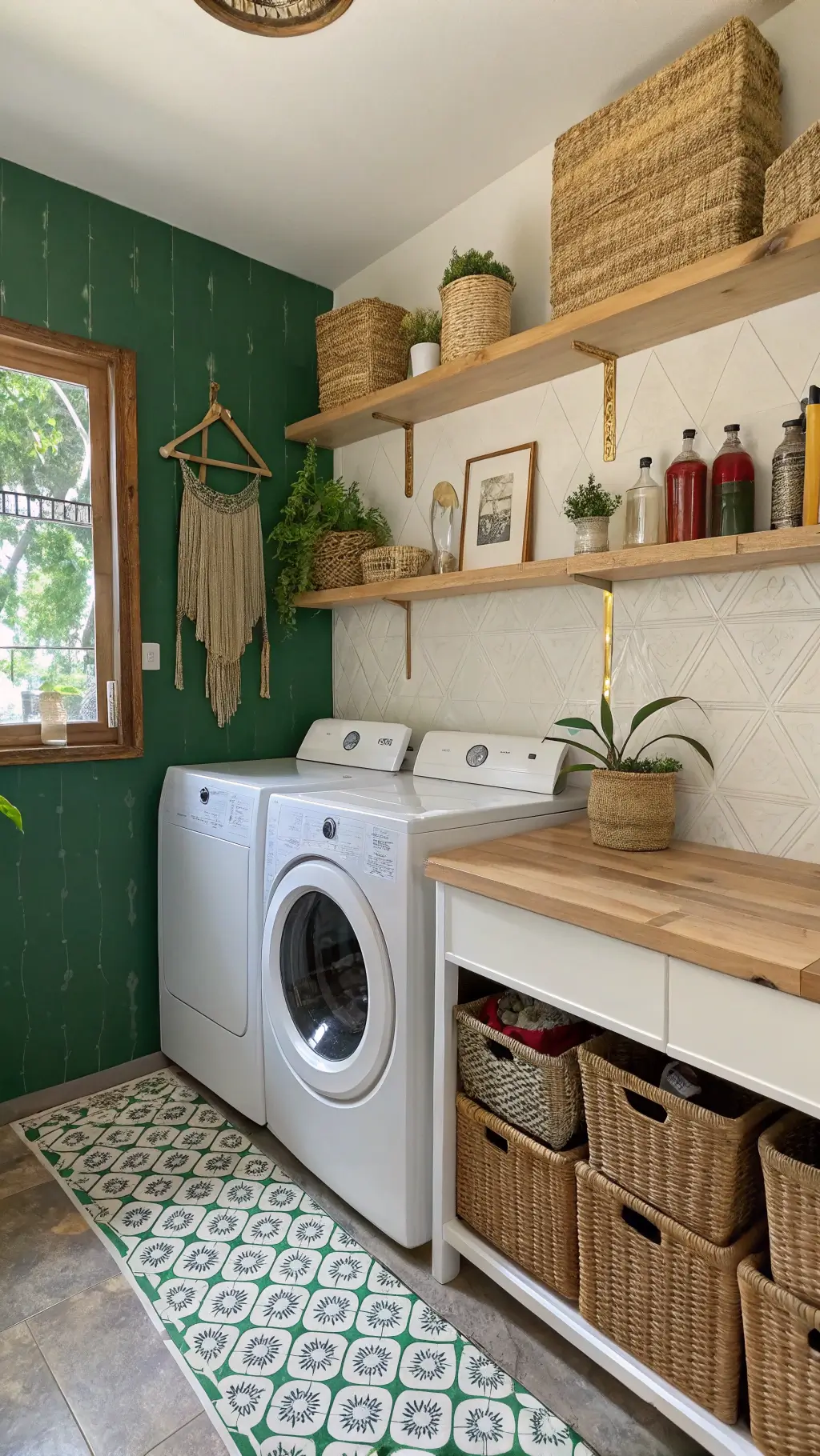 bohemian-inspired laundry nook with emerald green wall, rattan hanging shelves, white appliances, wooden counter, macrame plant hangers, colored glass bottles, vintage brass mirrors, patterned cement tile floor, woven storage baskets