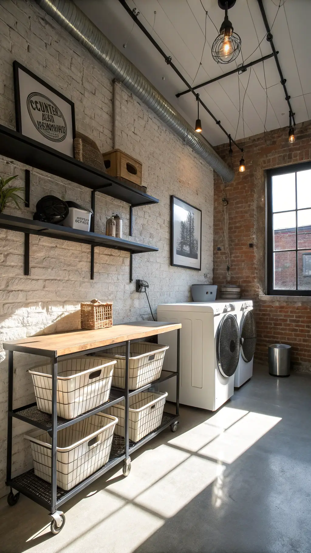 modern industrial laundry room with exposed brick and concrete walls, black metal shelves, graphite appliances, butcher block counter, wire baskets, canvas bins, utility cart, Edison bulb sconces, white photography prints in bright daylight