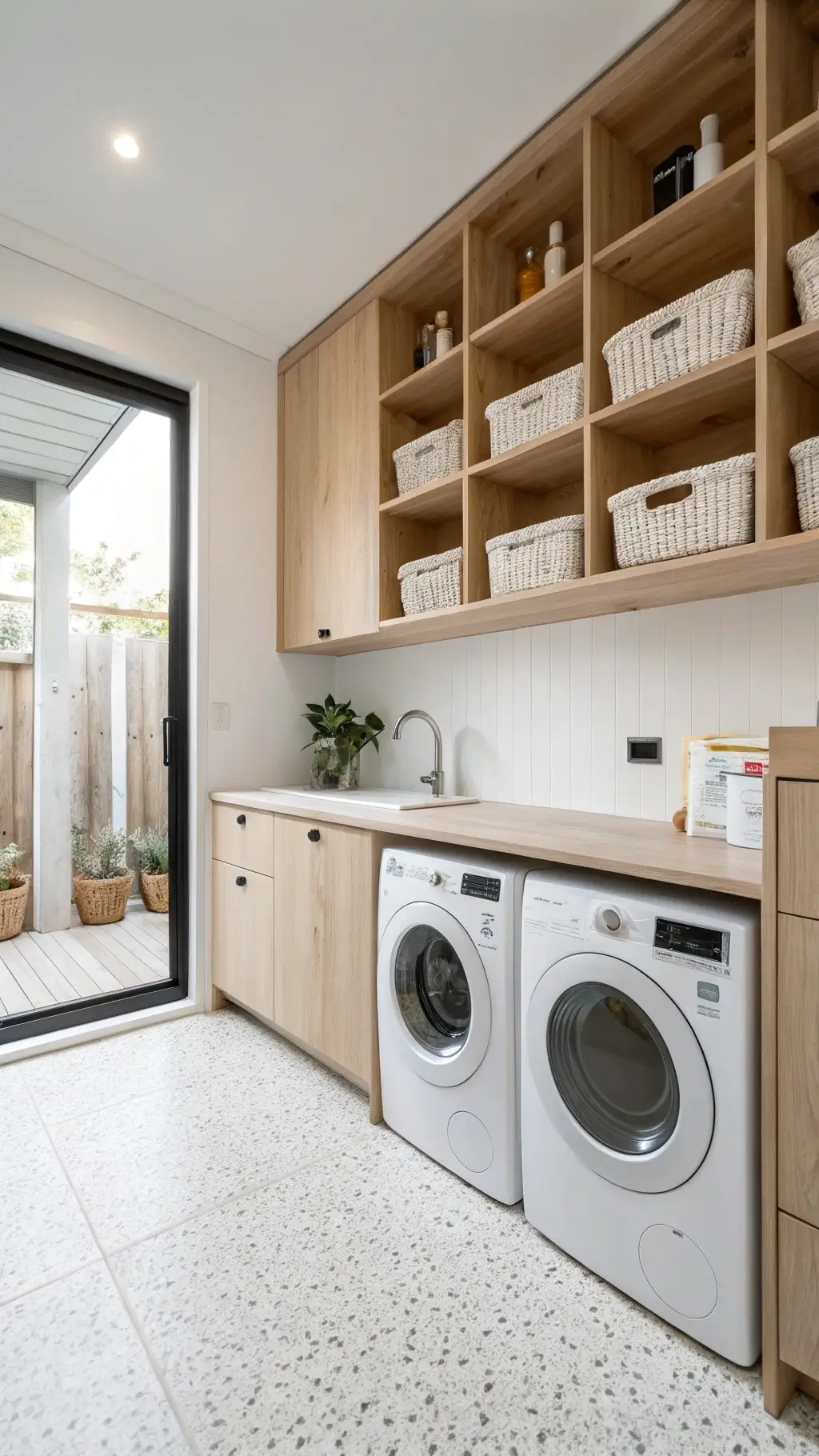 Scandinavian style laundry room with open blonde wood shelving, white appliances on light oak counter, felt storage boxes, drawings for decor, pale terrazzo floor, matte black hardware, symmetrical clean design