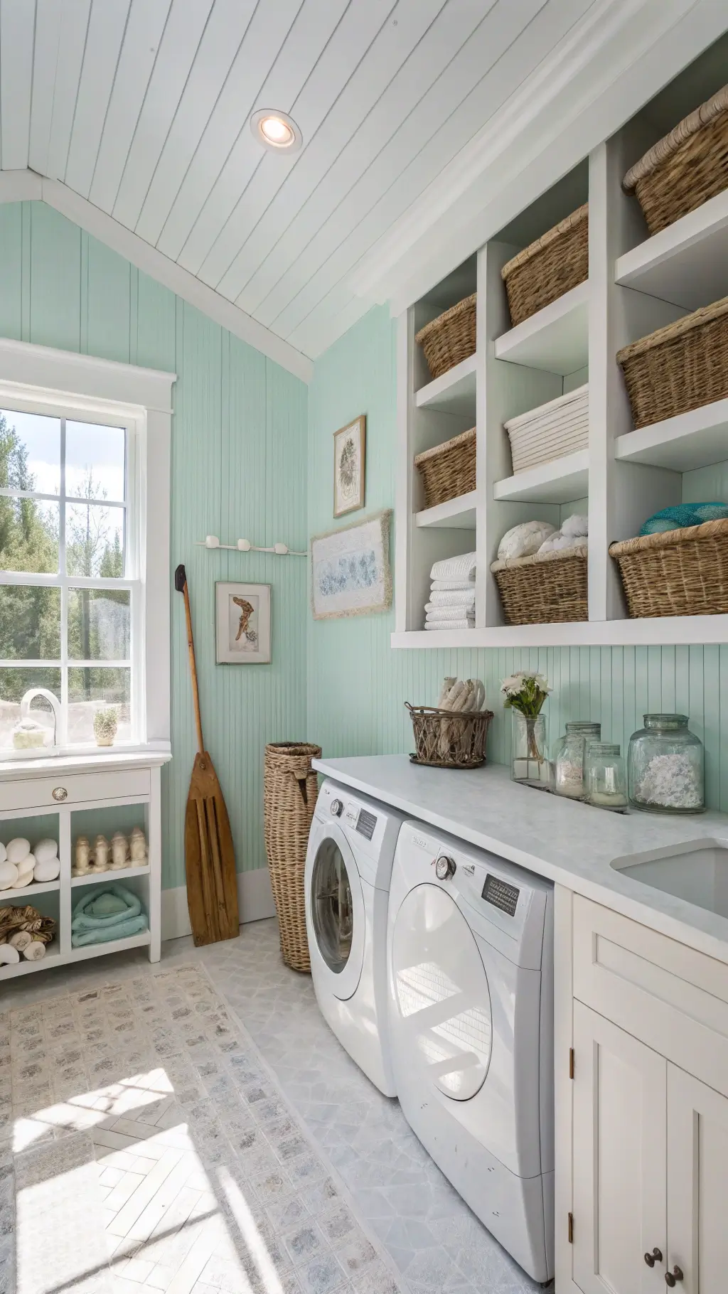 bright coastal cottage laundry room with pale aqua beadboard walls, white open shelves with seagrass baskets, white appliances, marble counter with farmhouse sink, shell collections under glass cloches, vintage oars as wall art