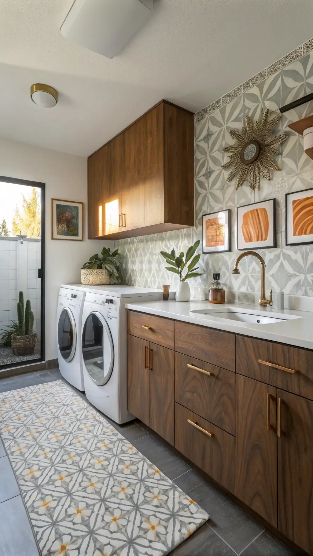 mid-century modern laundry room featuring walnut cabinets, white appliances, terrazzo counter, geometric tile backsplash in gray