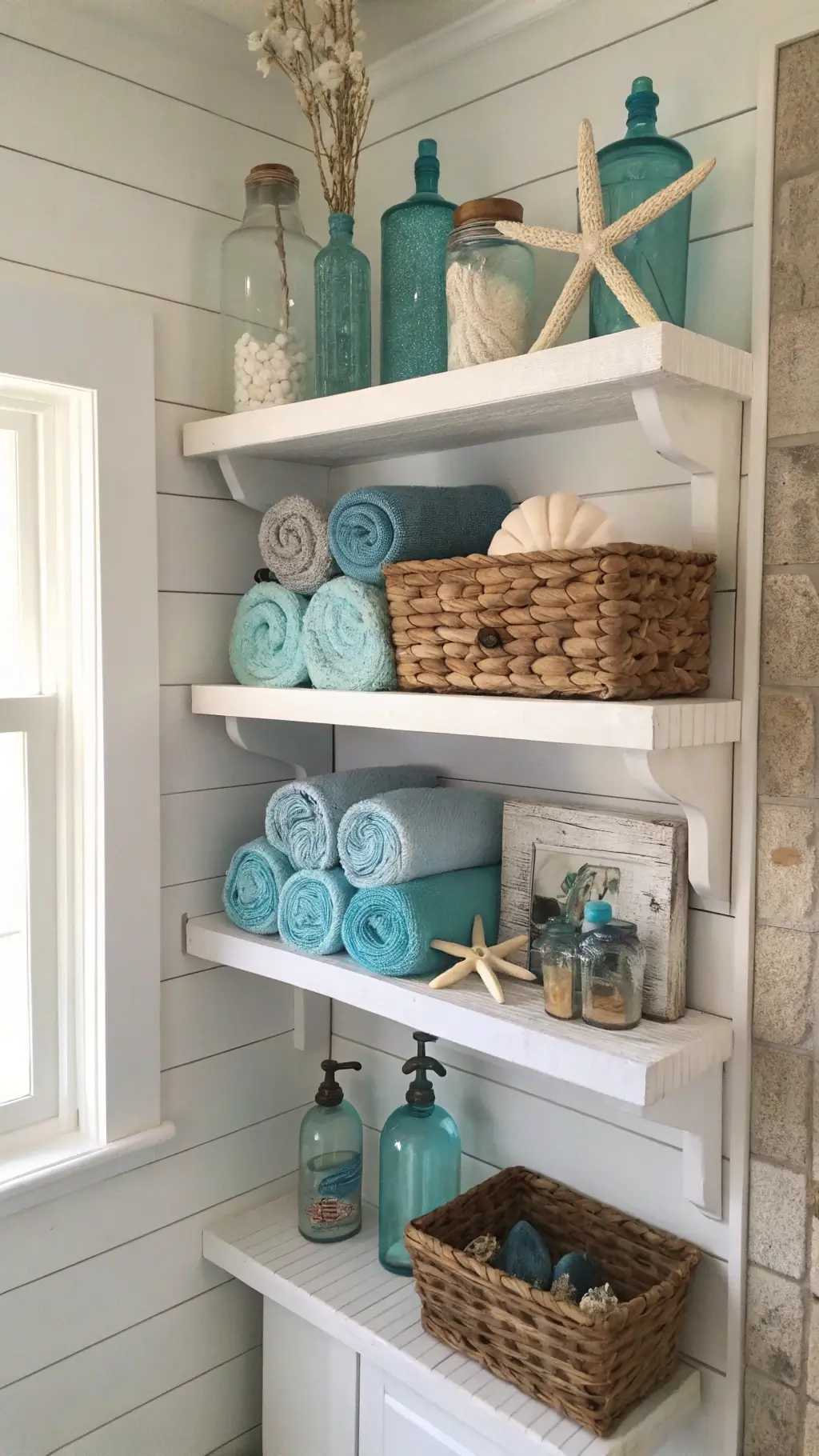 Bright bathroom corner with whitewashed wooden shelves, sea glass vessels, blue ombré towels, rope-wrapped storage baskets, and beach-themed accents including shells and dried starfish