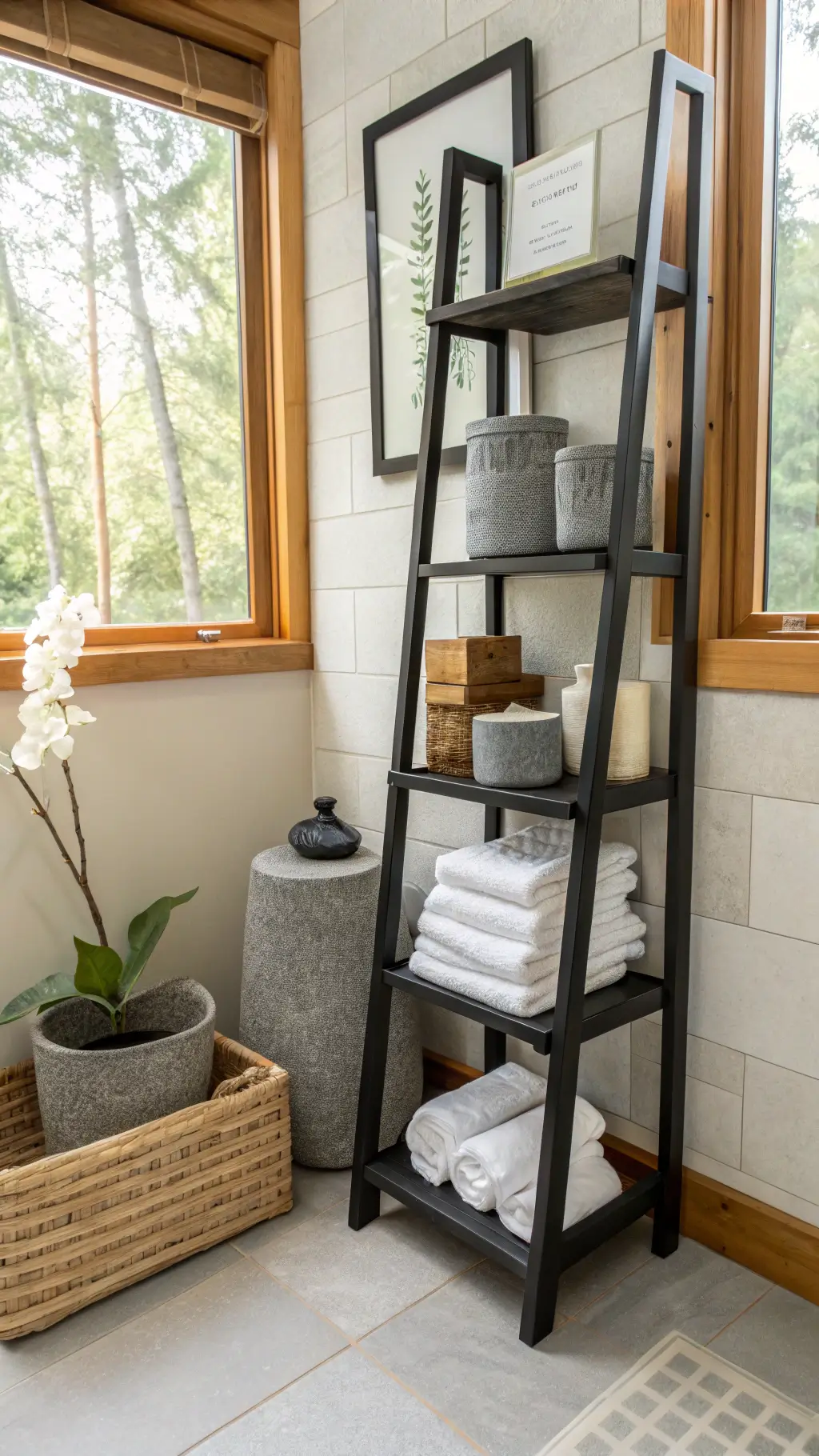 Zen-inspired bathroom illuminated by dawn light through rice paper window, featuring black bamboo ladder shelf with grey stone containers, origami boxes, folded white linens, and a single orchid