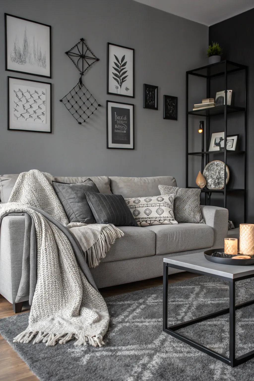 Modern monochrome living room centered on a grey sofa.