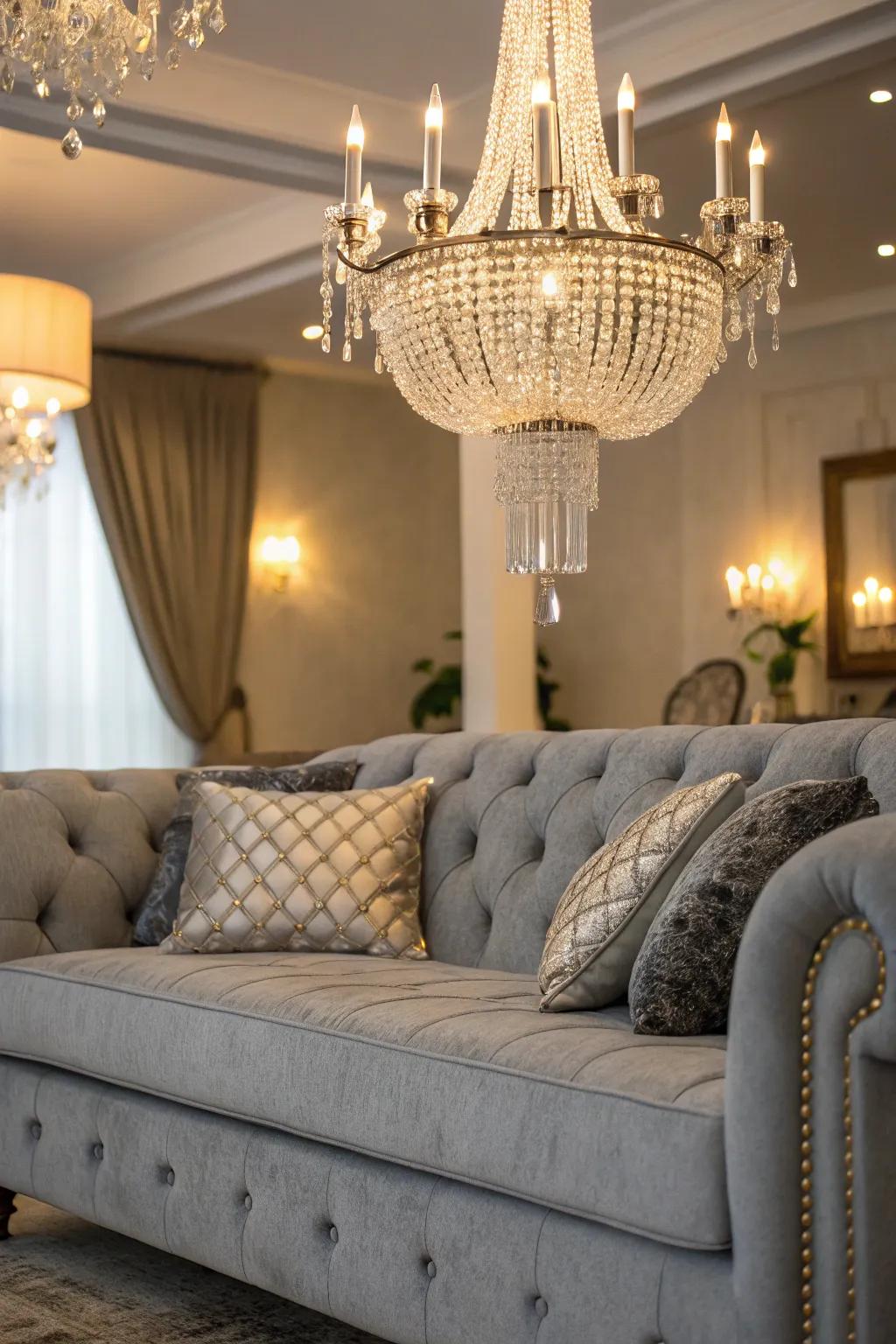 Elegant living room with glamorous accents around a grey sofa.