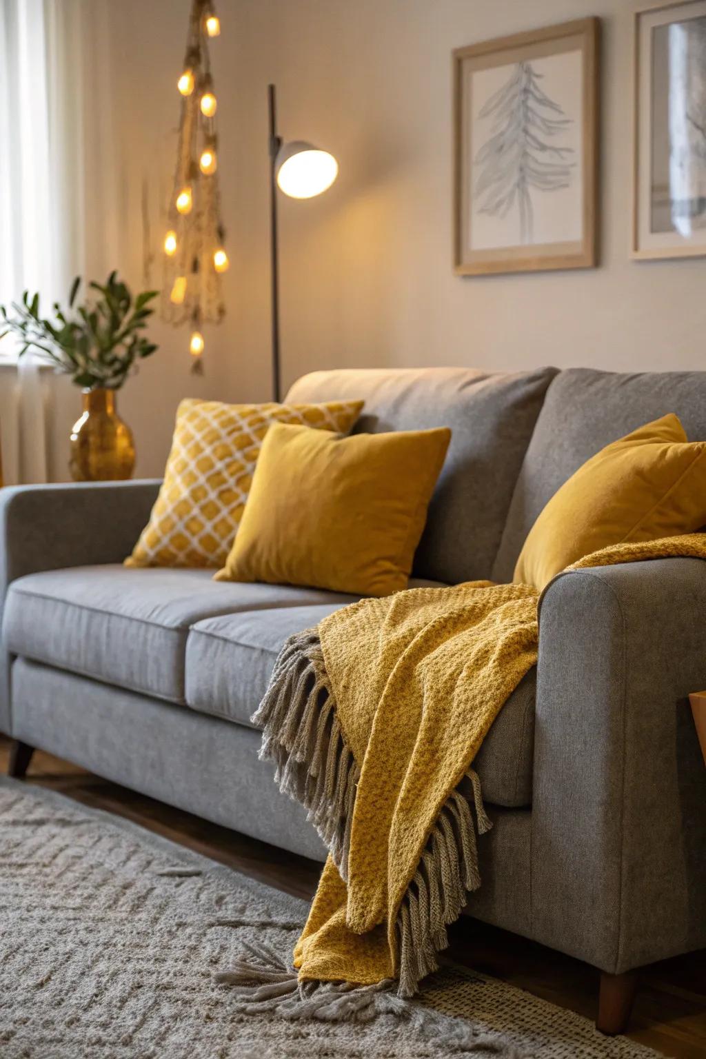 Grey sofa enlivened by golden yellow accents.