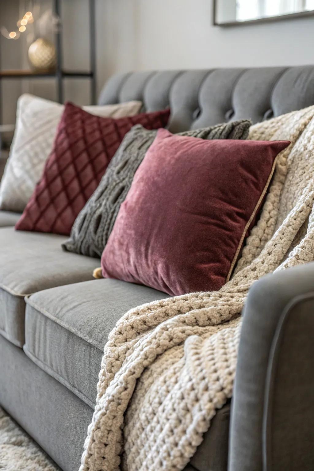 Varied textures on a grey sofa create a rich visual experience.