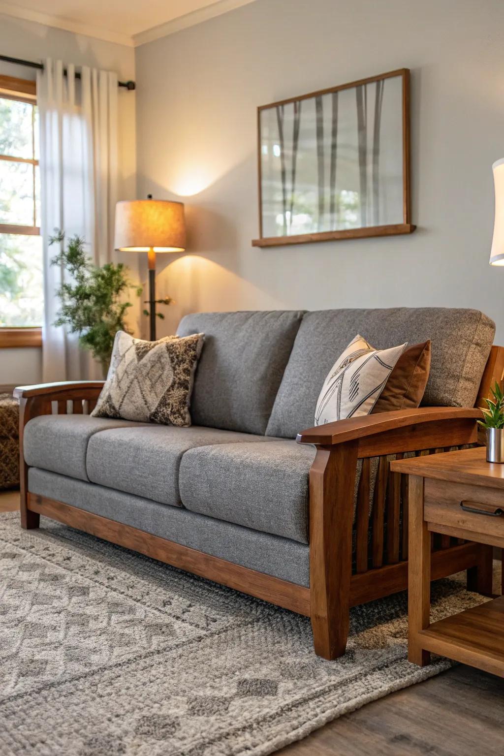 Warm wooden furniture complements a cool grey sofa.