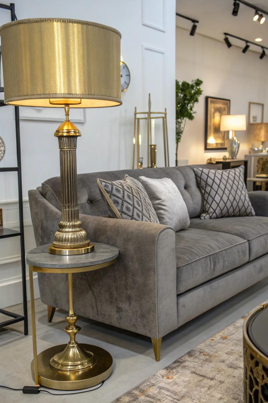 Metallic accents add elegance to a grey sofa setup.