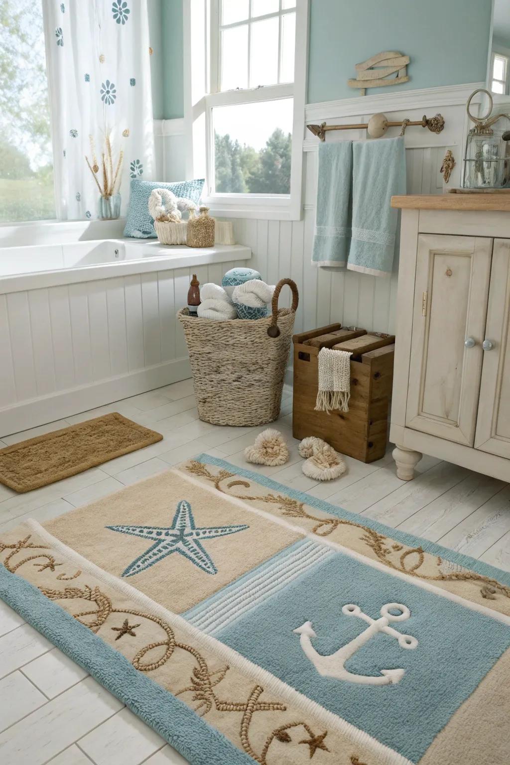 Coastal rugs unify the bathroom's beach-inspired design.