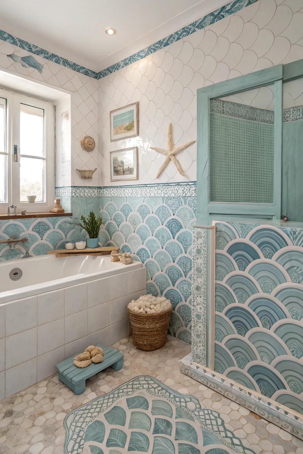 Ocean-inspired tiles add subtle elegance to bathroom surfaces.