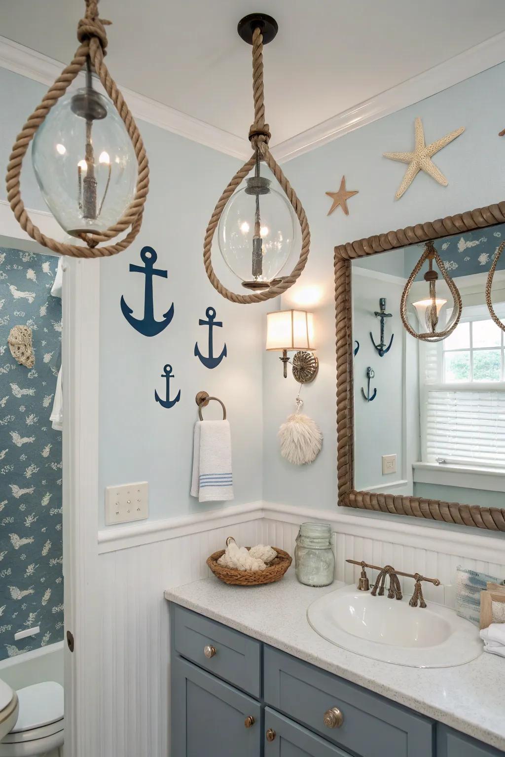 Coastal lighting fixtures create a warm, inviting glow.