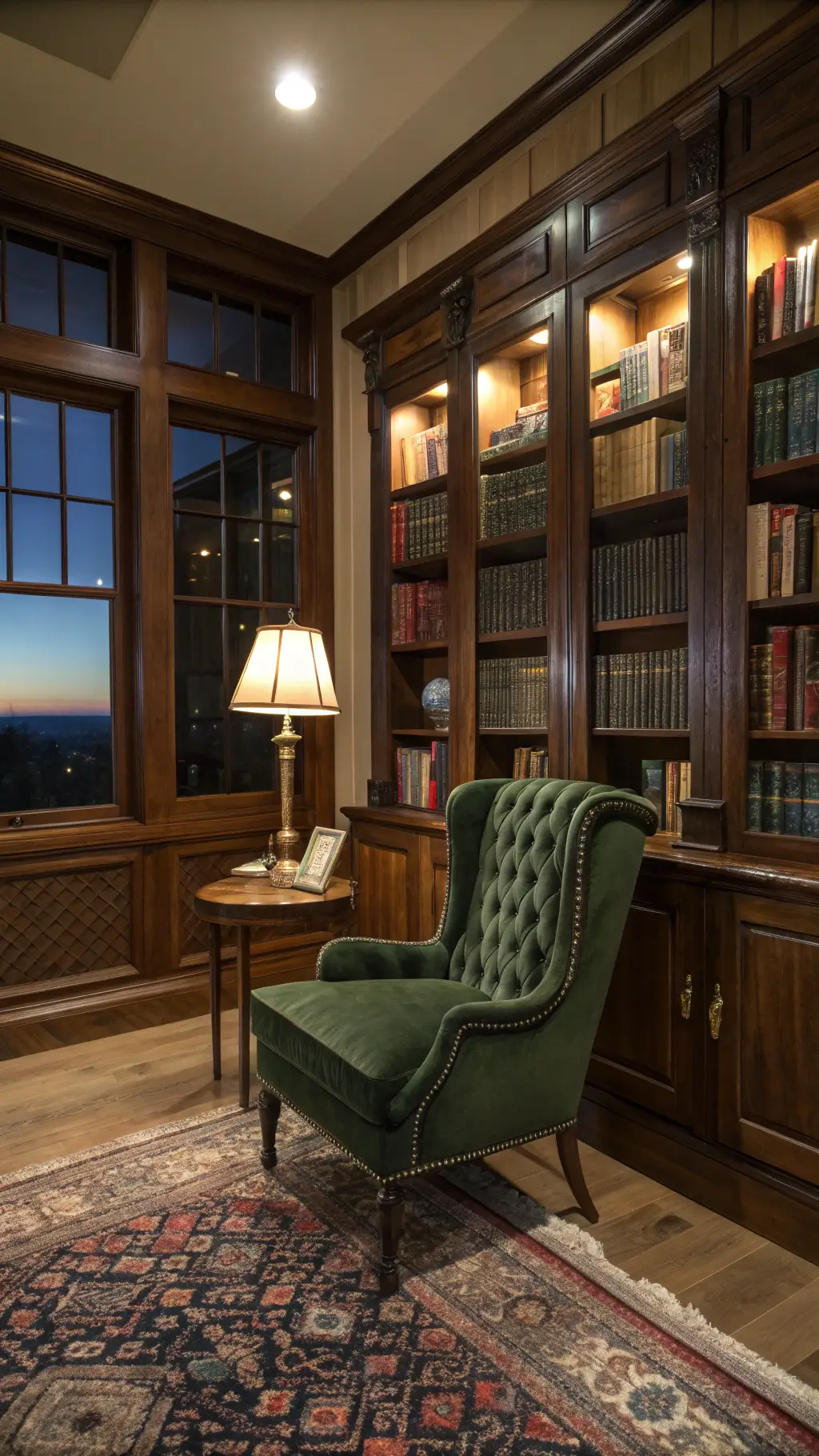 Traditional library with walnut shelves, leather-bound books, velvet armchair, and vintage lamp during blue hour