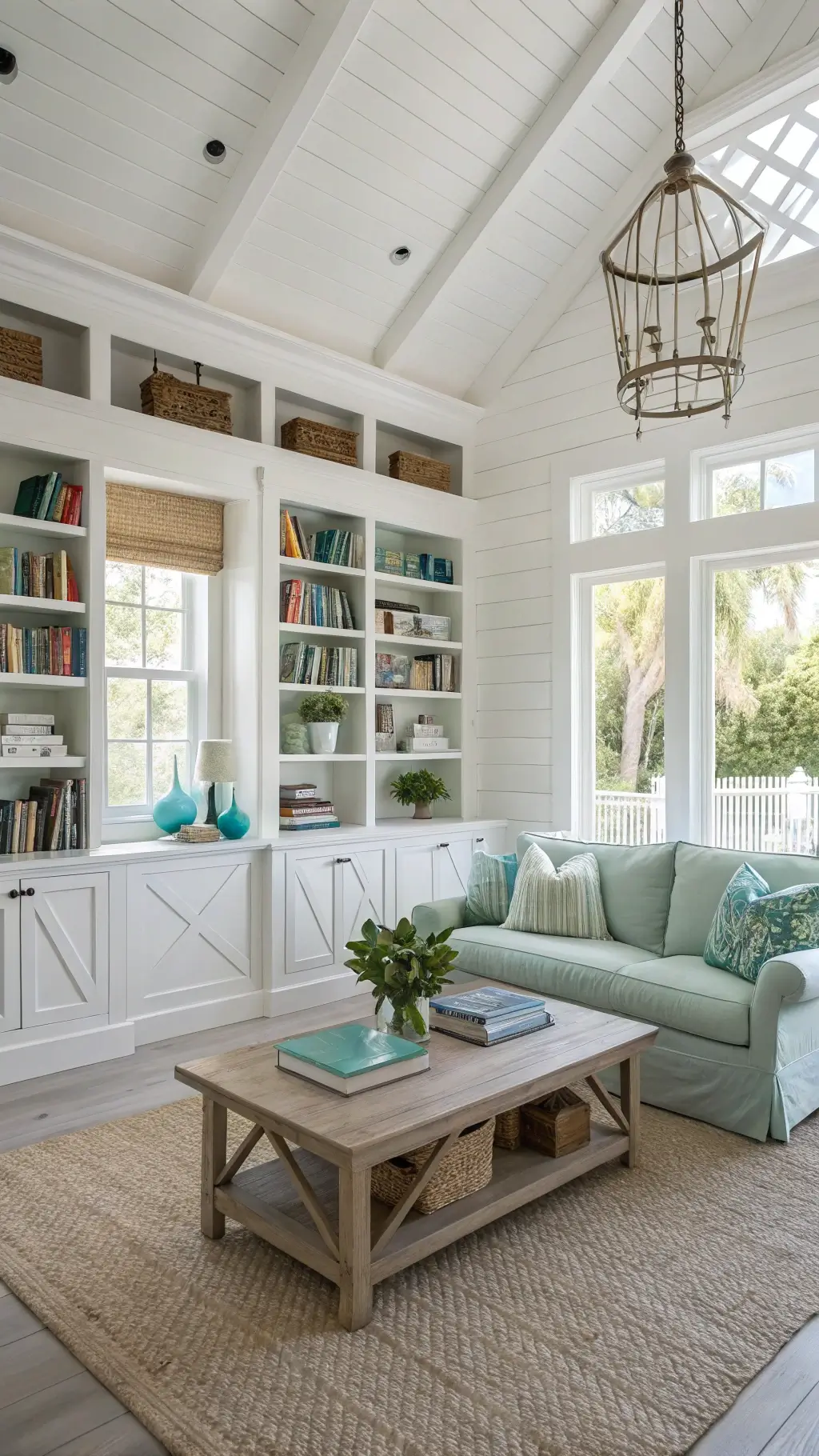 Bright coastal library with whitewashed pine shelves, seafoam green sofa, weathered teak coffee table, coral and blue glass decor, natural daylight through plantation shutters