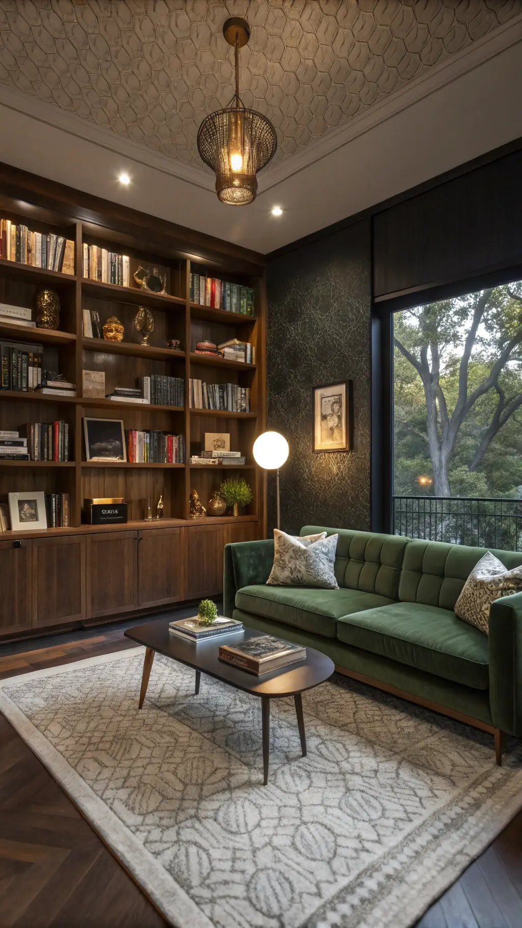 Mid-century modern library with walnut and brass shelves, green velvet sectional, black marble coffee table, George Nelson lamp, floor-to-ceiling windows reflecting city lights at dusk