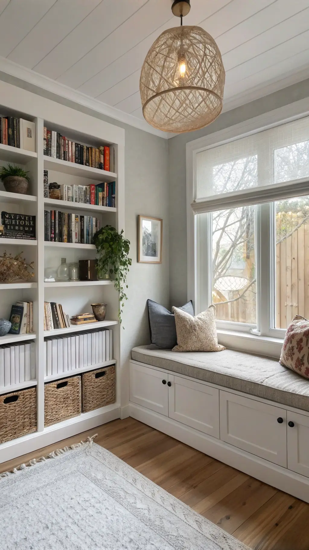 Scandinavian-inspired library nook with white metal grid shelving, built-in window seat with sheepskin throws, books, gray matte black ceramics, dried botanicals, pendant light, jute pouf on oak floor, natural light from sheer roller blinds