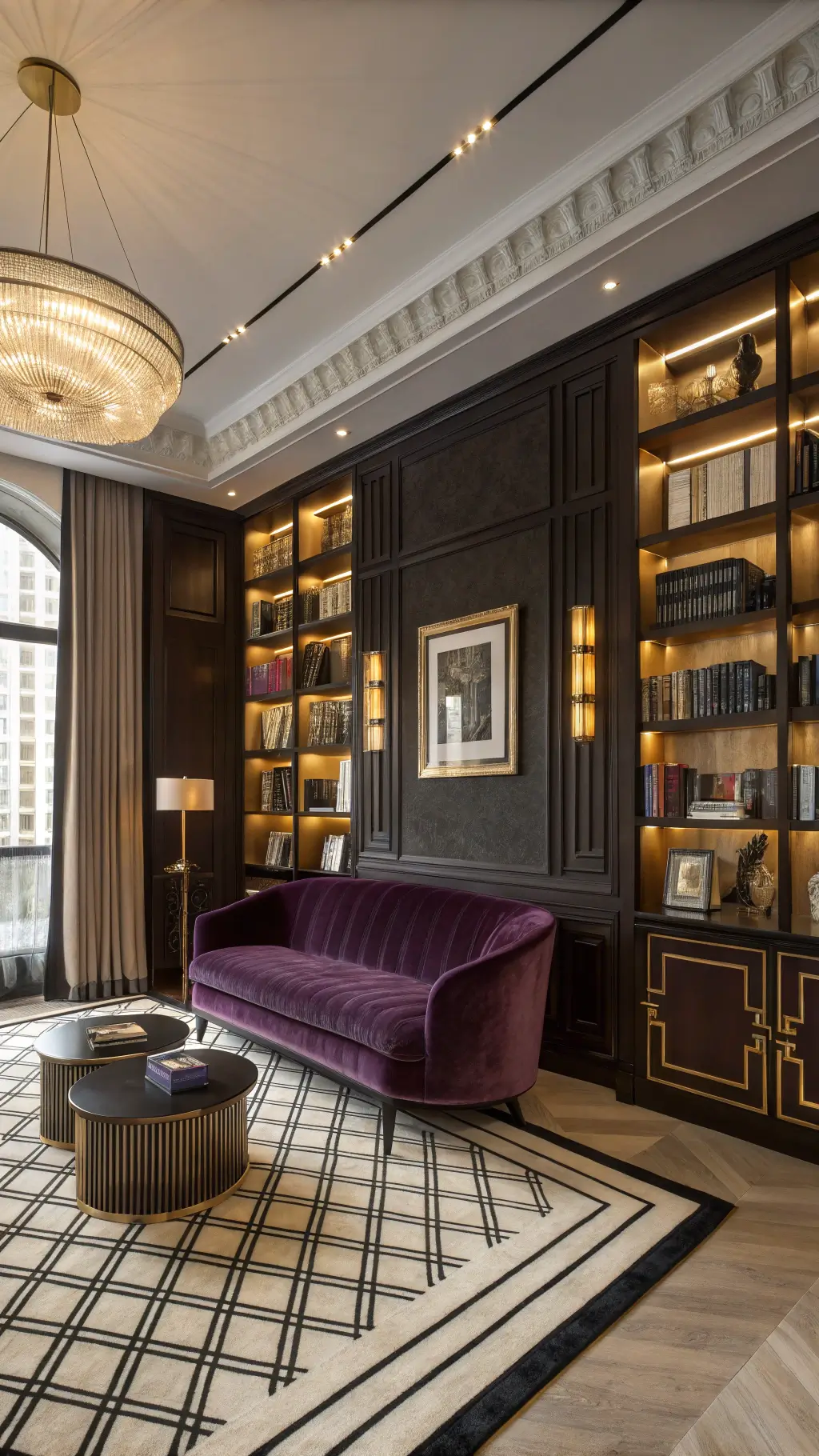 Art deco library lounge with black lacquered shelves, brass inlays, purple velvet sofa, tables, books, crystal decanters, and curtains during golden hour
