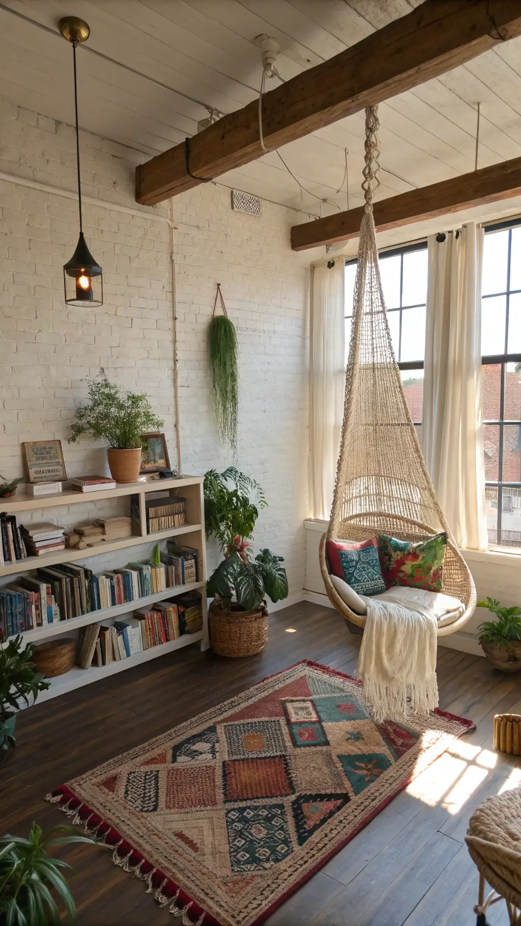Bohemian reading nook with colorful kilim cushions on hanging rattan chair, white brick walls, reclaimed wood floating shelves with rainbow-arranged books, ceramic vessels, trailing plants, macramé drapes, Moroccan rug, sisal flooring, brass pendant lights casting intricate shadows