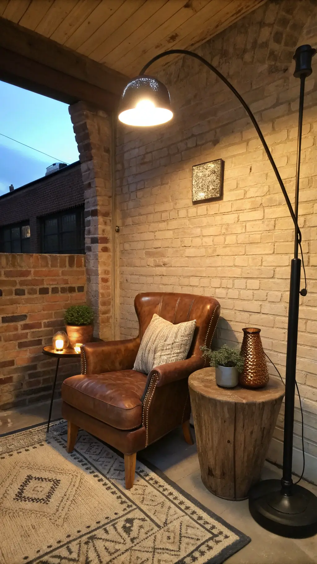 cozy reading nook with distressed leather chair, raw brick walls painted in soft cream, black floor lamp, vintage decor on wooden side table illuminated by natural light