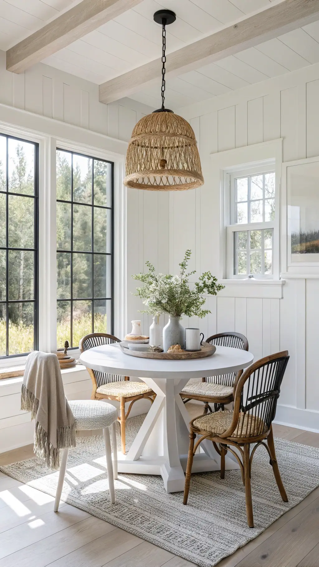 bright breakfast nook with white board-and-batten walls, large black steel-framed window, round oak table, Windsor chairs, ironstone pitchers, eucalyptus, woven linens, and rattan pendant light